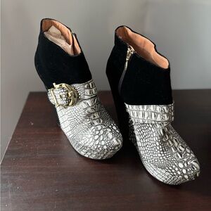 Black and Gray Ankle Boots with Crocodile Pattern
